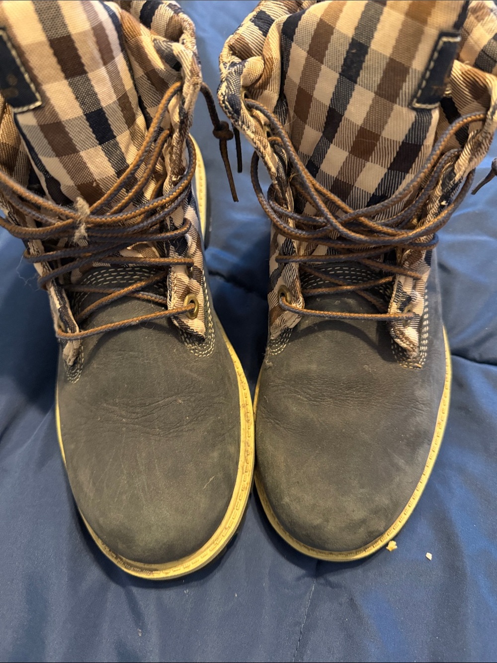 Timberland Men's Dark Brown Nubuck Boots with Plaid Collar